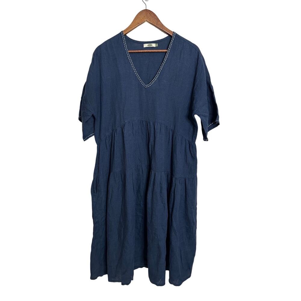 Dolma Sydney Linen Dress size S/M Navy Contrast Stitch Pockets